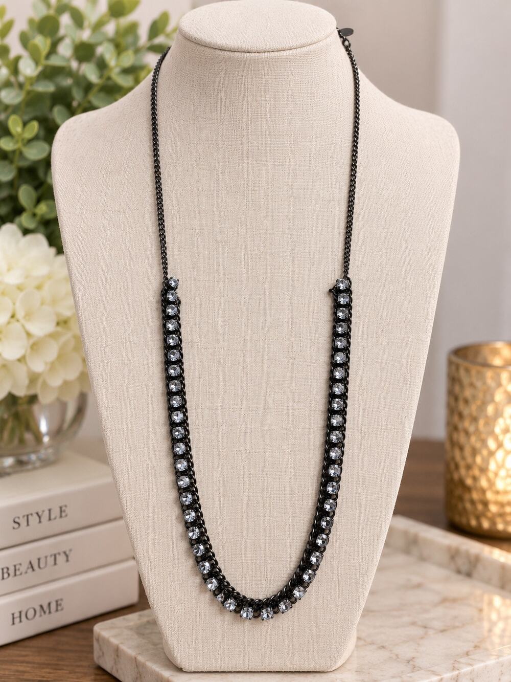 Aeropostale Silver Tone Black Rhinestones Logo Charms Chain Necklace Y2K
